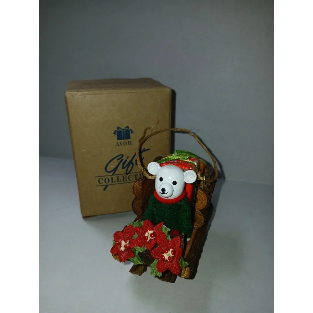 Avon Log Cabin Cutie Polar Bear Sled Christmas Tree Ornament Holiday Vintage Box